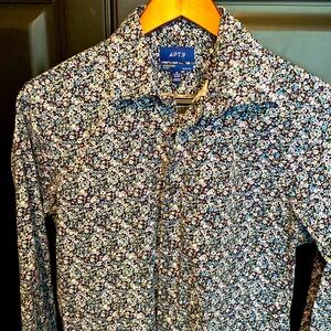 Blue Purple Floral Dress Shirt Medium 15 15.5 34 35 Slim Fit Premier Flex fabric